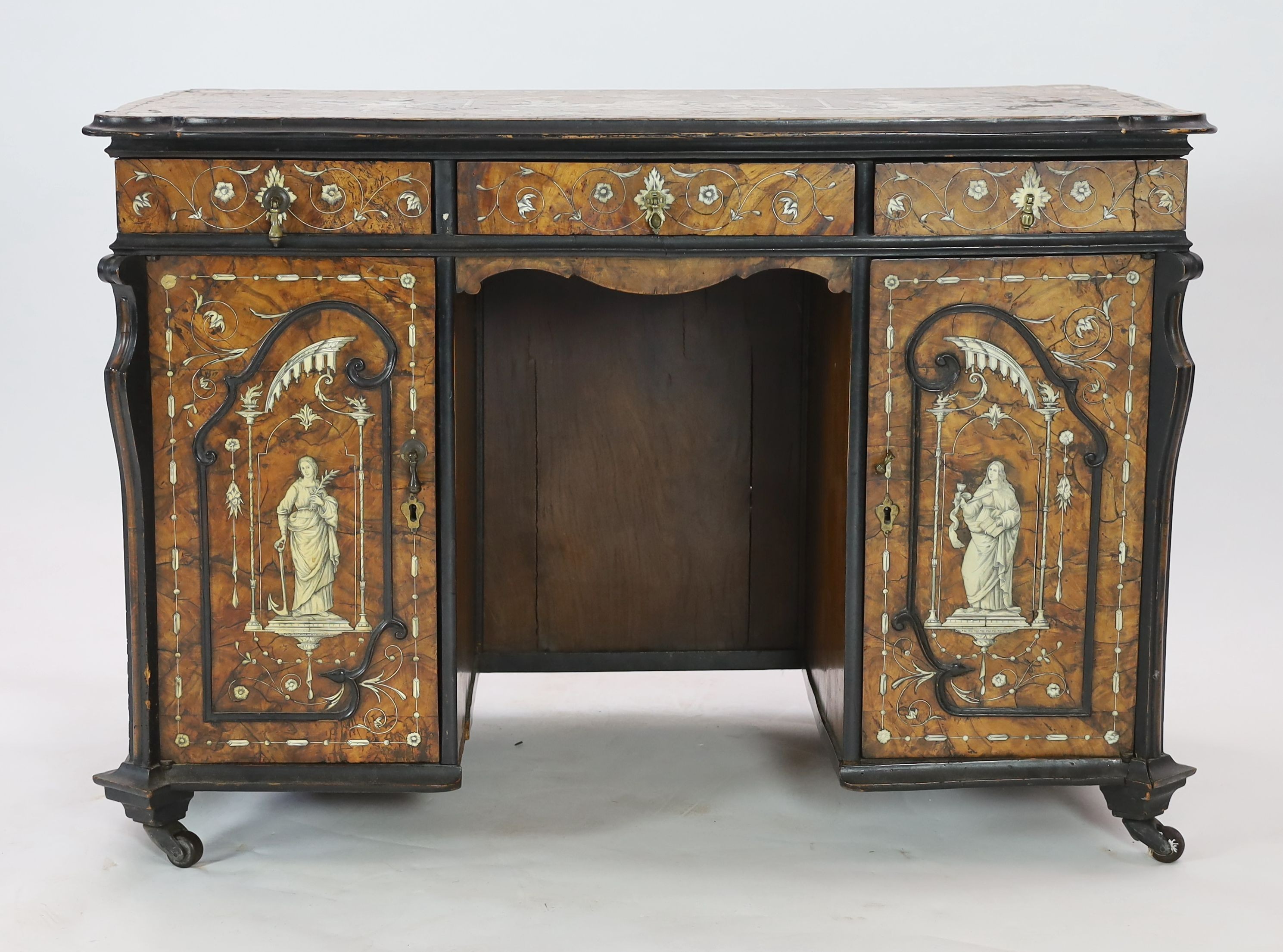 NOT TO BE CLEARED - SEE DG/AM An important 18th century Lombardy ebony banded walnut and ivory inlaid twin pedestal desk, the top and sides inlaid with a scenes from Homer’s Iliad, after original drawings by John Flaxman